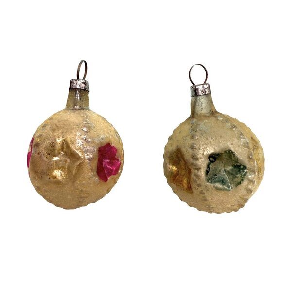 2 Vintage Miniature Feather Tree Star-Shaped Indent Glass Christmas Ornaments - Picture 2 of 7